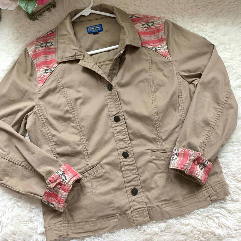 Pendleton Silver Creek Jacquard Dark Khaki Twill Utility Jacket Southwest Red